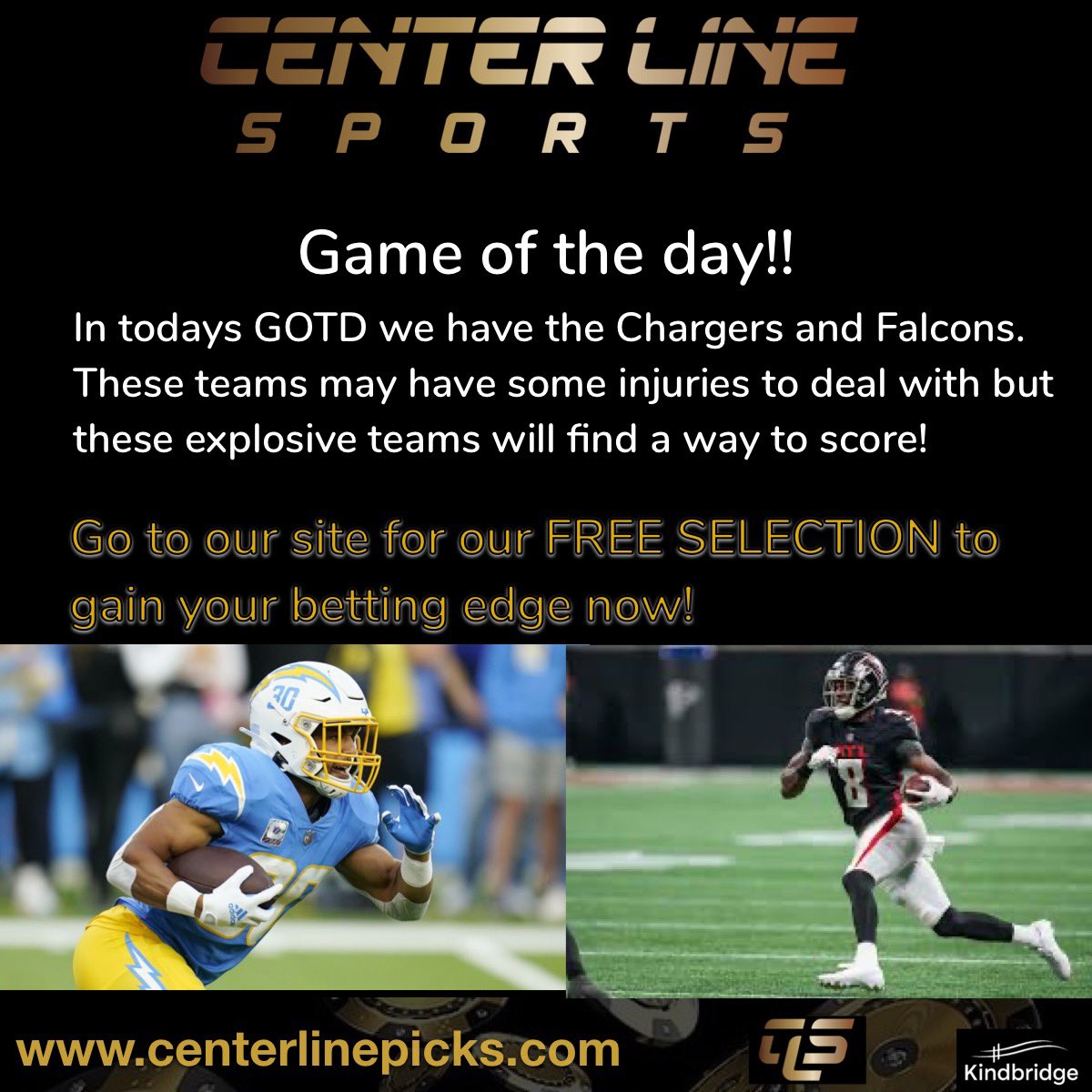 Some exciting NFL games today! The <a href="/chargers/">Los Angeles Chargers</a> and <a href="/AtlantaFalcons/">Atlanta Falcons</a> has potential to be a thriller! Go to our site now for out FREE game of the day selection and get your betting edge! 

#AtlantaFalcons #Chargers #RiseUp #gobolts  #NFL #foxsports #FantasyFootball