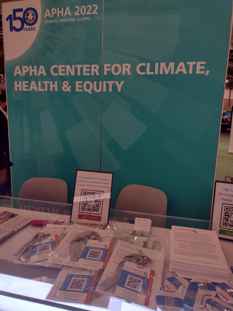 Climate4Health's tweet photo. For everyone at #APHA2022 come pick up #ClimateRx badges in the exhibition hall. @EH_4_ALL is sharing space with us and there are lots of great resources! https://t.co/YYe3Fm34zM