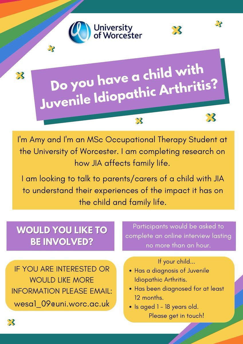 🌟Currently recruiting!🌟
I'm looking to interview parents/carers of children with Juvenile Idiopathic Arthritis to hear their experiences of how it may impact family life. Please email wesa1_09@uni.worc.ac.uk if you would like to take part or want more information. #Arthritis