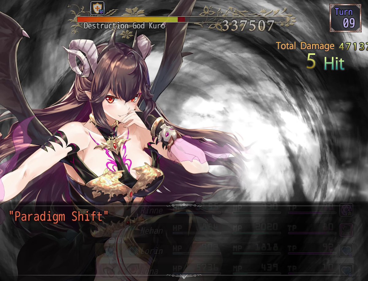 Bugfragged_TWT's tweet photo. Like many bosses, Kuro has scripted attacks at HP thresholds. Unfortunately, Luna (DPS) chose the worst time to be faster than Lorin (healer).
#AbyssCrossing #Abyss_Crossing #RPGMaker https://t.co/kox2zWnIph