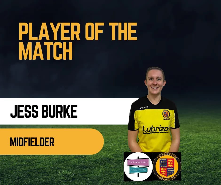 BelperTownLFC's tweet photo. Today's Player of the Match was Jess Burke #JB10 who was calm on possession and always a threat. Jess is sponsored by The Training Society 💛🖤 #womensfootball #ladiesfootball #belper #football #soccer #BTLFC #nailers #playerofthematch https://t.co/rKYQoJ1W4L