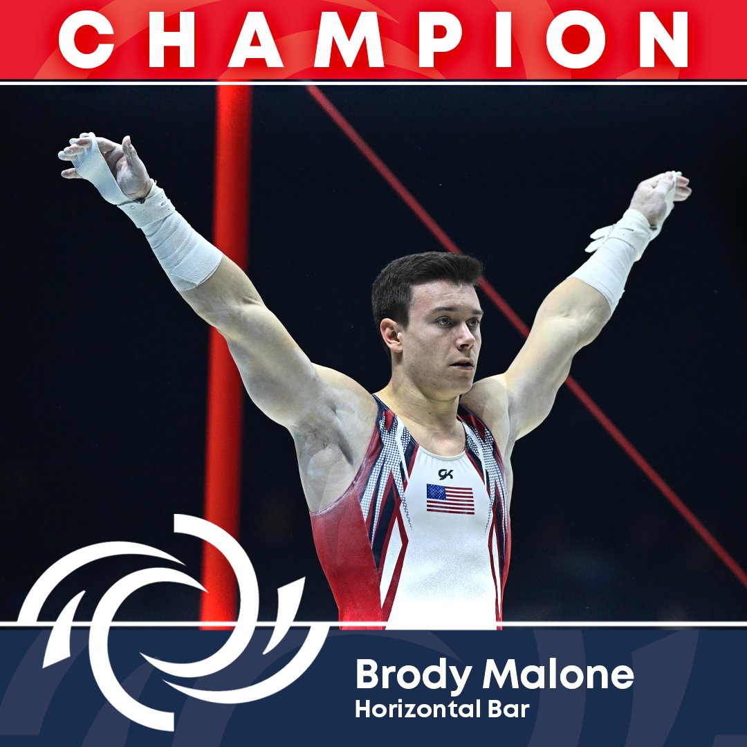 USAGym's tweet photo. What a way to close out the #WGC2022!

@brody1700 is your Horizontal Bar Champion!

@StanfordMGym | @WGC2022 https://t.co/DttqhegcY6