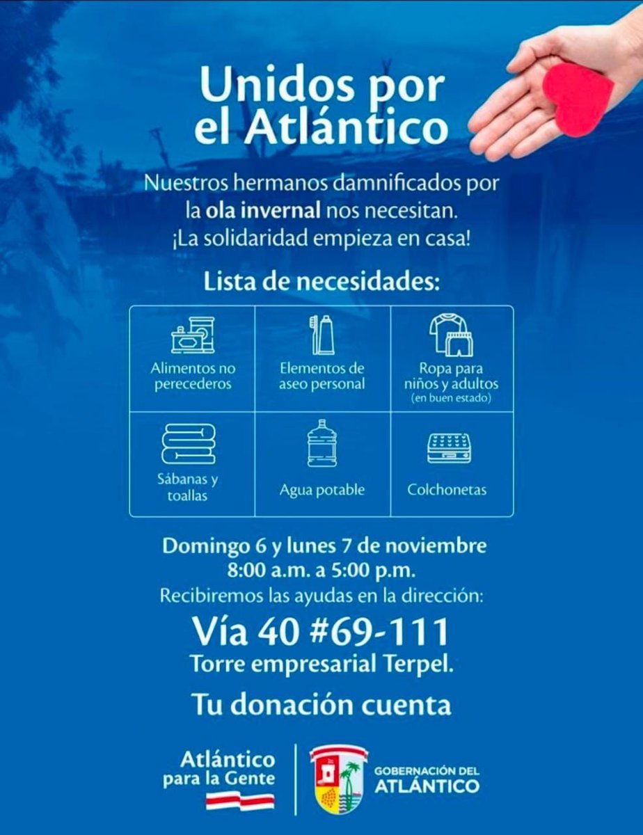 SEDAtlantico's tweet photo. #UnidosPorElAtlántico

Extendemos esta invitación a la comunidad atlanticense para quienes puedan hacer donaciones se acerquen a la siguiente dirección.

¡La solidaridad empieza en casa! https://t.co/0nWA1Wdmxk