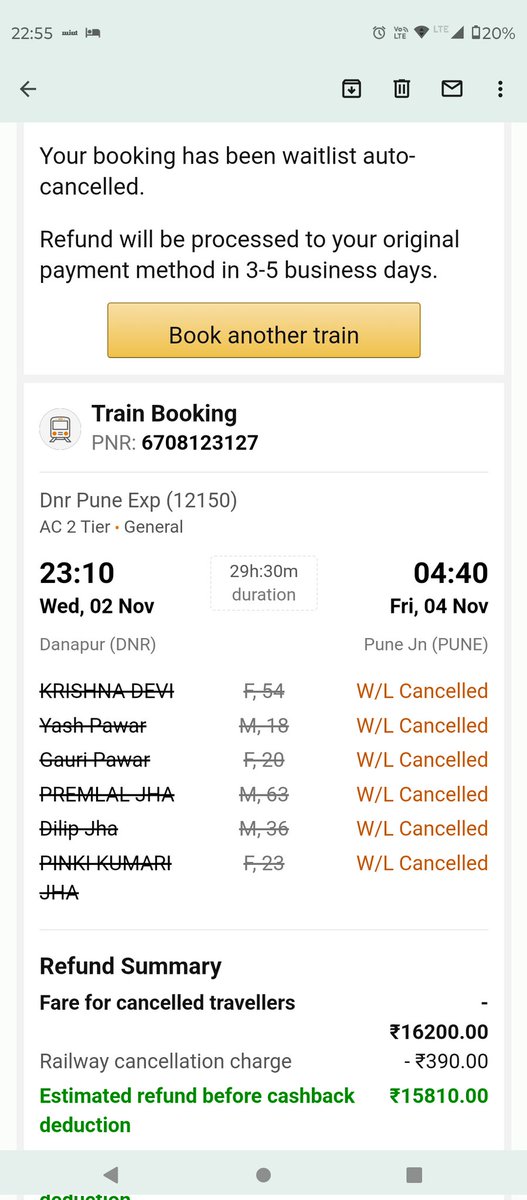 thelightofd's tweet photo. @IRCTCofficial , @RailwaySeva ,@RailMinIndia - As per the regulations, the waiting list ticket book online gets cancelled automatically if didn't got confirmed. But still you are charging the "railway cancellation charges" instead of giving full refund. https://t.co/Vim2GsUV60