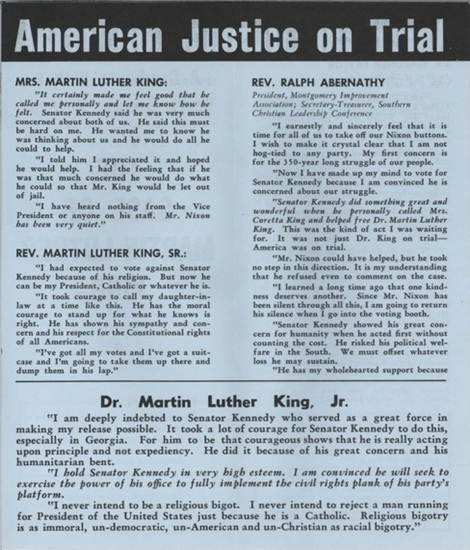 FreedomsRoad's tweet photo. #OTD 1960: Louis Martin’s pamphlet in Black churches. “Blue Bomb” extolled #JFK call to Mrs. King while #MLK in #GA max security prison.

MLK Jr.: “Senator Kennedy…served as a great force in securing my release.” Days later, JFK elected!
#blackhistory #civilrights #blackvotes https://t.co/p7Xy4QboVX
