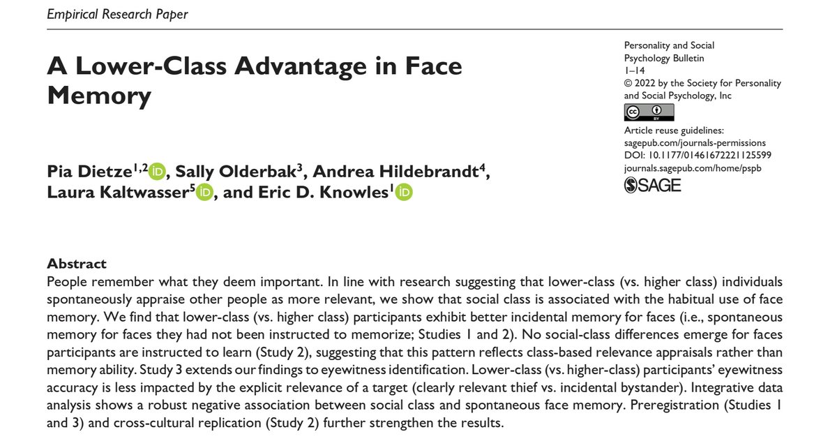 Social class: New study finds that, 'in line with our theorizing that lower-class individuals appraise other people as more relevant,...lower-class individuals are better at spontaneously remembering faces compared with their higher-class counterparts.' doi.org/10.1177/014616…