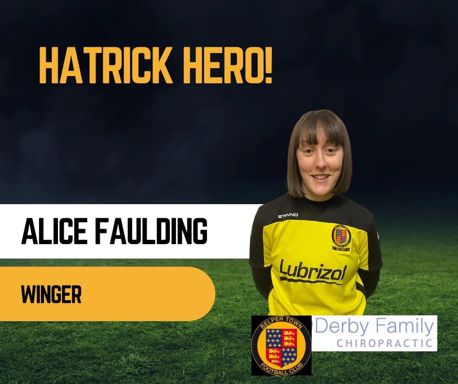 BelperTownLFC's tweet photo. Another week, another Alice Faulding hatrick. Brilliant performance again from the Oakwood assassin. Alice is sponsored by Derby Family Chiropractic 🖤💛 #womensfootball #ladiesfootball #belper #football #soccer #BTLFC #nailers #goalscorer #hattrick https://t.co/275lfhIK9P