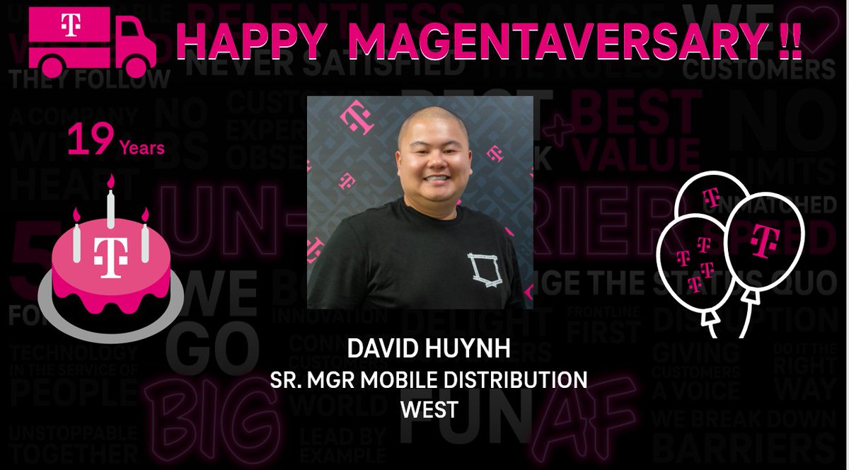 brittheidler's tweet photo. Please join me in wishing our West Sr. Mgr, David Huynh, HAPPY 19 YEAR MAGENTAVERSARY! What an accomplishment! Thank you for all that you do! @tmodavidh @JacksonTingley https://t.co/qiMEiWY6qb