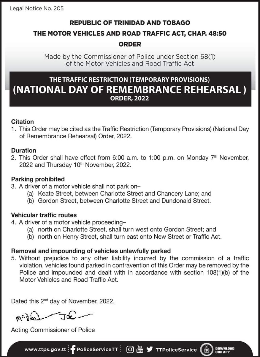 tttliveonline's tweet photo. NOTICE

Traffic Restriction - National Day of Remembrance Rehearsal

This Order shall have effect from 6 am to 1 pm on Monday 7th November, 2022 and Thursday 10th November, 2022. 

See Order for further details. https://t.co/p7mX9tbWRg