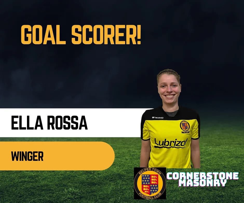 BelperTownLFC's tweet photo. Rossa? Brown? Who knows, all we know is she came off the bench and scored a superb goal from the right wing. Ella is sponsored by Cornerstone Masonry 🖤💛 #womensfootball #ladiesfootball #belper #football #soccer #BTLFC #nailers #goalscorer https://t.co/Tlpo3d1VDA
