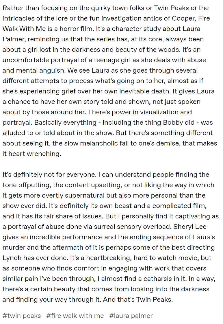 I got asked about Twin Peaks: Fire Walk With Me on tumblr and accidentally wrote 700 words on it, oops