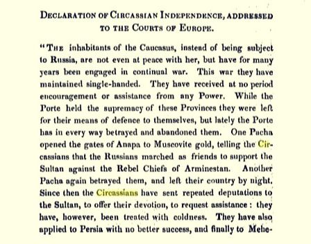 Declaration of Independence of Circassia addressed to the European Judges. In 1835

#RussianCircassianWar
 #CircassianGenocide 
@fatimatlis @alamalbert 

continued in comments https://t.co/o4A0Hr5lMF