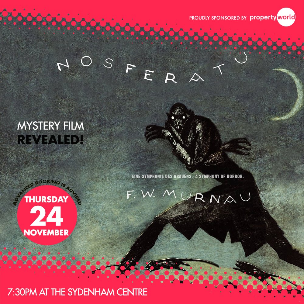 Don't miss the rare opportunity to experience this 100 years young, cinematic legend on the big screen! And in a super-duper high def special remastered edition to boot! sydenhamfilmclub.org/events/mystery…
#nosferatu #fwmurnau  #mastersofcinema #filmnight #vampire #se26 #sydenhamarts #SAFilm