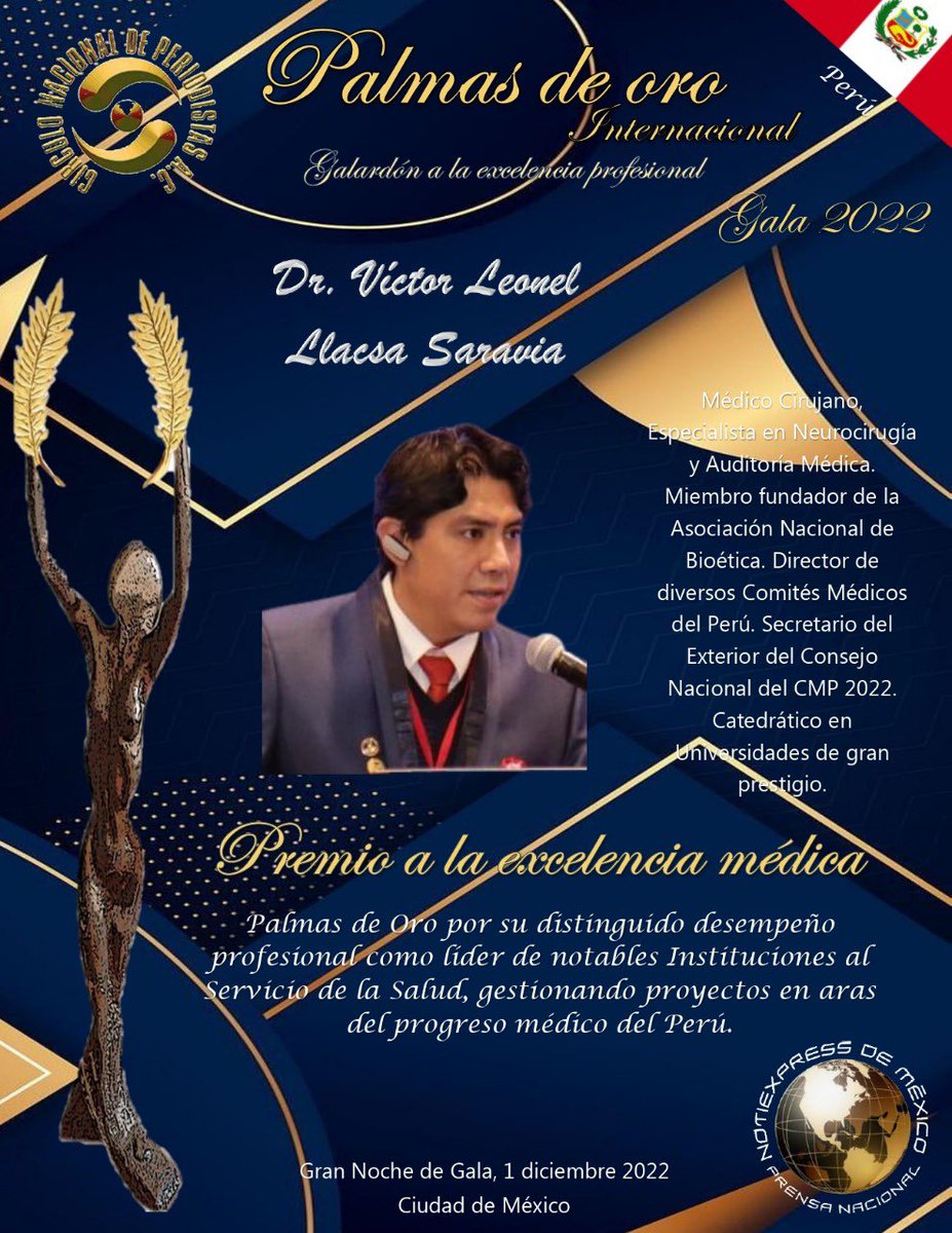 Notiexpressmex's tweet photo. Galardón a la Excelencia Profesional Palmas de Oro recibe Dr. Víctor Leonel Llacsa Saravia. Gran noche de gala Palmas de Oro Internacional.

#Palmasdeoro 

#notiexpressdemexico

#CINPE 

#ExcelenciaProfesional

#galainternacional

#ciudaddemexico https://t.co/5aym01Dd1D