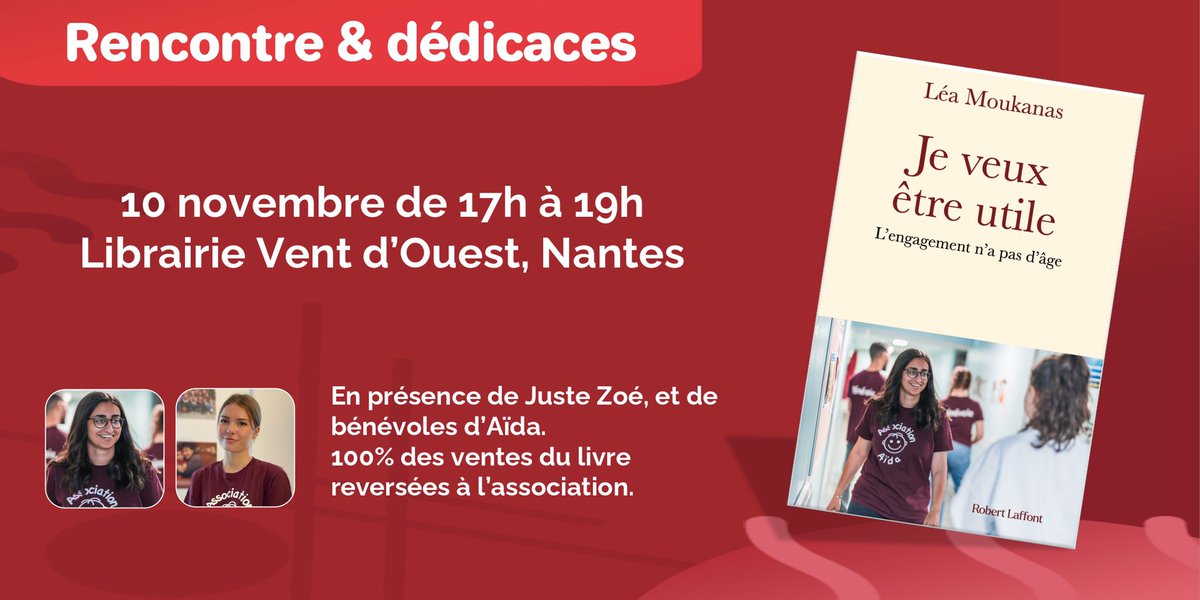 Ce jeudi <a href="/LeaMoukanas/">Léa Moukanas</a> sera à la librairie Vent d’Ouest à Nantes pour une séance de dédicace avec <a href="/JusteZoe_Ytb/">Juste Zoé</a> , engagée avec Aïda depuis quelques années ! 🤩 On vous y donne rendez vous de 17 à 19h pour un moment de partage autour du livre et de l’engagement chez Aïda ✊