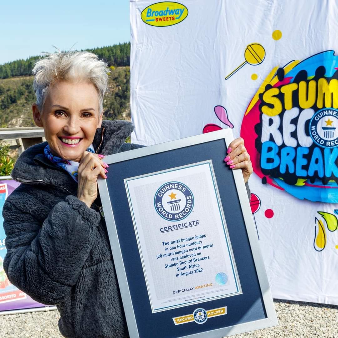 Congratulations to Linda Potgieter who broke a Guinness World Records title on Stumbo Record Breakers tonight. 23 Bungee jumps from the Bloukrantz Bridge in 1 hour! Amazing!!!