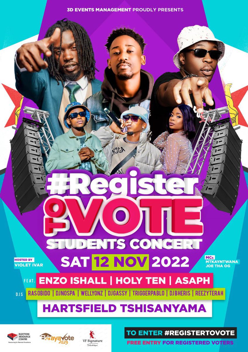daddyhope's tweet image. Every progressive Zimbabwean MUST RETWEET this.

@ercafrica and their partners are bringing this special music show to Hartsfield Tshisa Nyama in Bulawayo ONLY for registered voters!

Holy 10, Enzo Ishall, Asaph and more.

For payment you just produce your Voter Registration slip