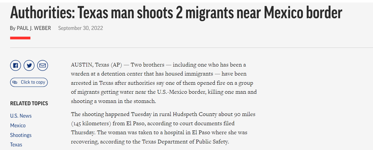ReichlinMelnick's tweet photo. Great self-own here. Out of 6 articles, 3 are about two Texas brothers currently charged with manslaughter and aggravated assault with killing unarmed migrants, 2 are about shootings IN MEXICO, and 1 is about a man shot inside a Border Patrol jail. https://t.co/IS2hFquP6B https://t.co/dAxxa3HdVK