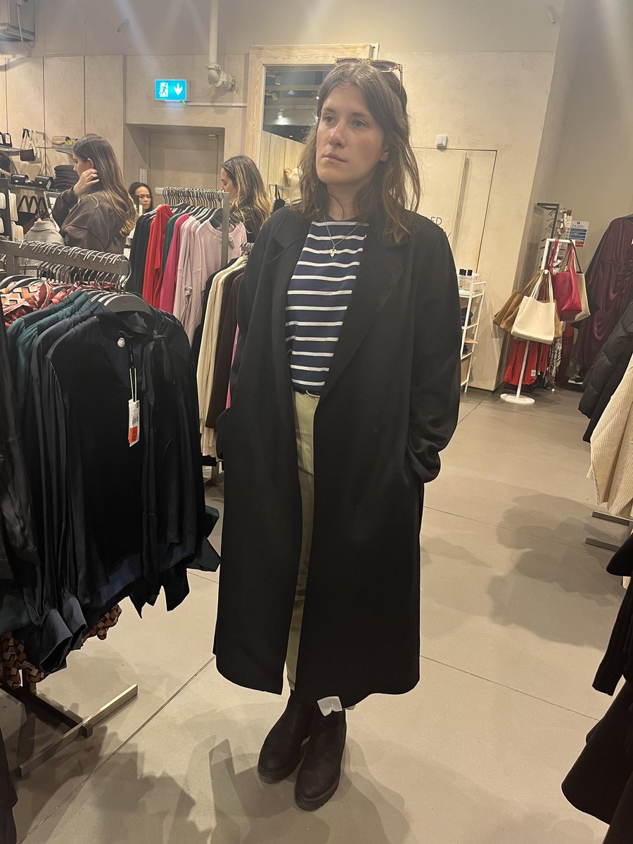 Asked Kaz to take a photo while I try on different coats... Didn’t know my natural expression was so zoned out/sad??