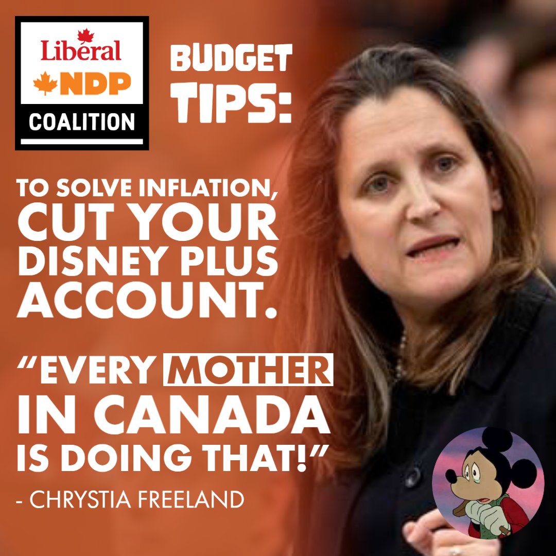 ABDanielleSmith's tweet photo. Unreal…

Instead of pausing the carbon tax,
OR stopping the money printing,
OR promoting affordable energy,
The Liberal-NDP coalition is telling moms they can solve the rising inflation by cutting @DisneyPlus...
 
/1 #inflation #cdnpoli #abpoli https://t.co/K6oBbZ5gju