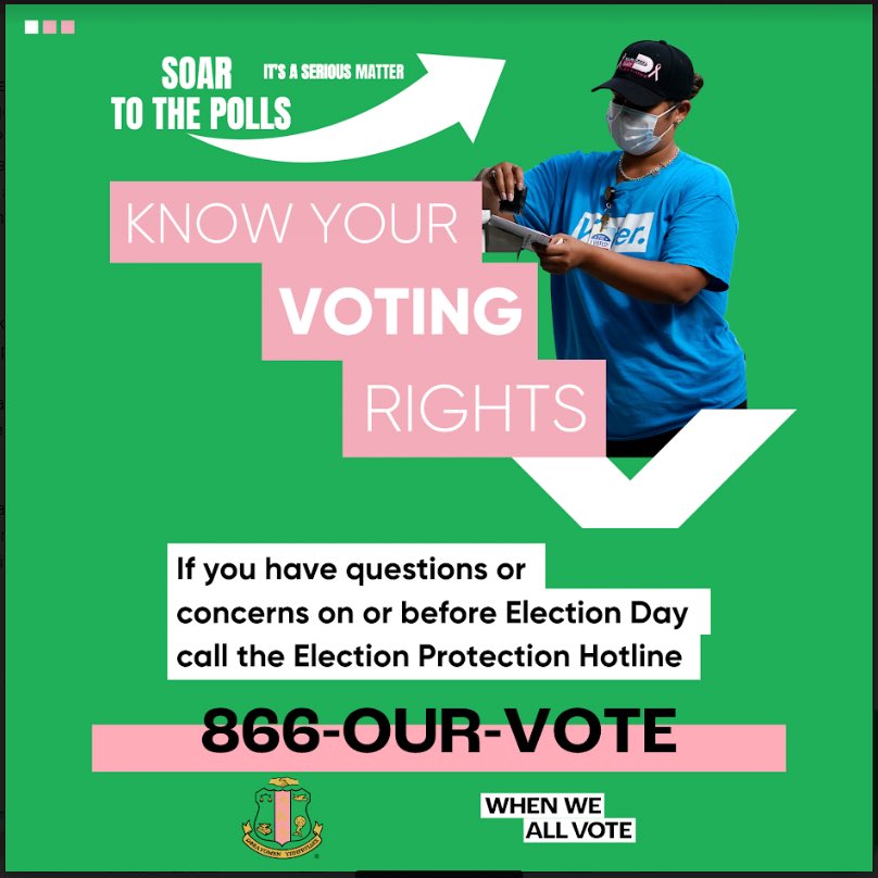 The Significant South Atlantic Region encourages you to KNOW your voting rights before you GO!
 Questions? 📞 1-866-OUR-VOTE
#AKA1908
#SoaringWithAKA
#ElectionProtection
#WhenWeAllVote