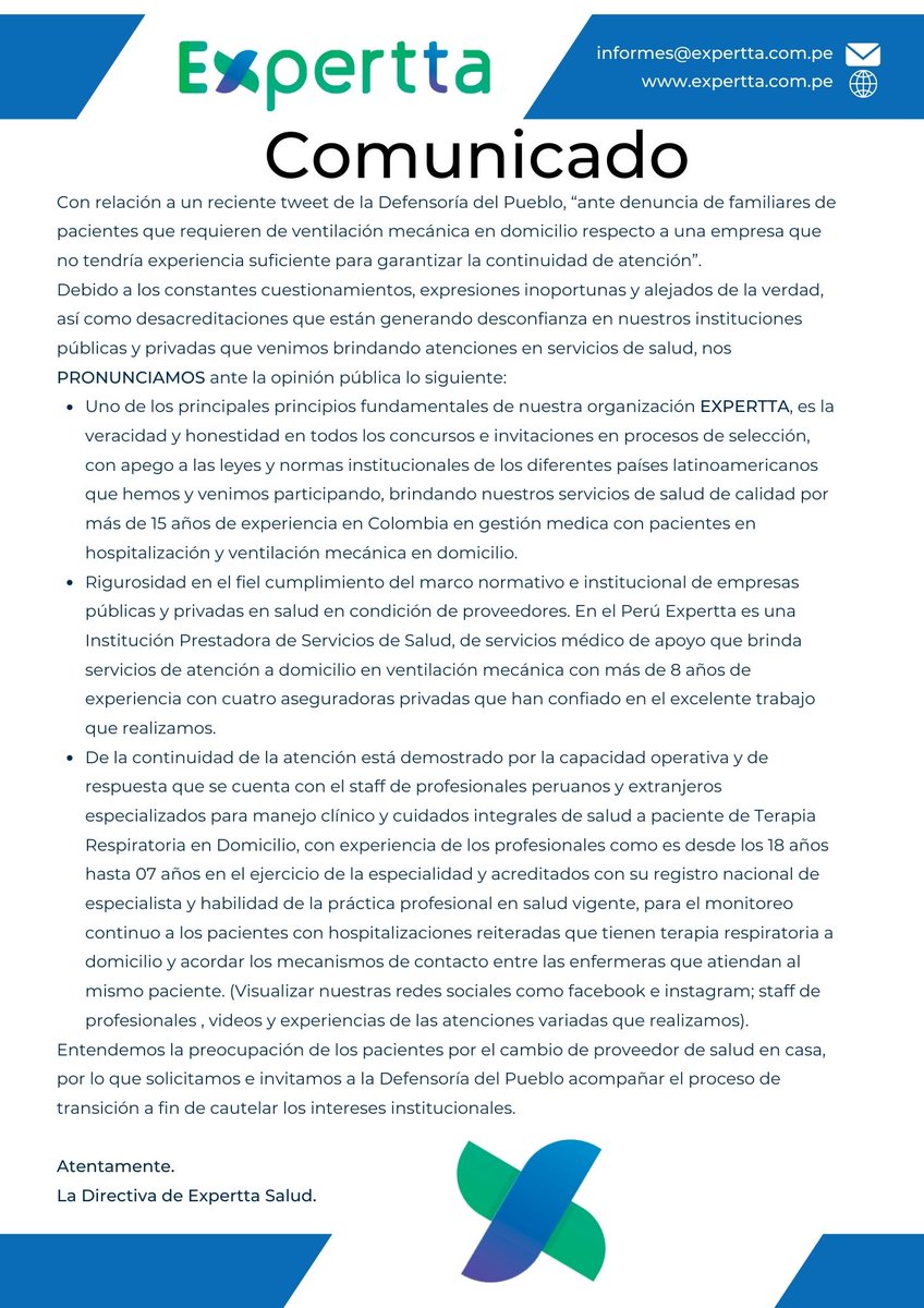 ExperttaSalud's tweet photo. Comunicado Oficial - Expertta Salud.
@Defensoria_Peru https://t.co/EH6doNTNT2