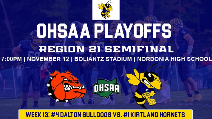 The Division VI, Region 21 Semifinal between #4 Dalton and #1 Kirtland will be played at Boliantz Stadium at Nordonia HS on Saturday, November 12th.

<a href="/JoeEitel/">Joe Eitel</a> 
<a href="/OhioF50/">Ohio Fantastic 50</a>