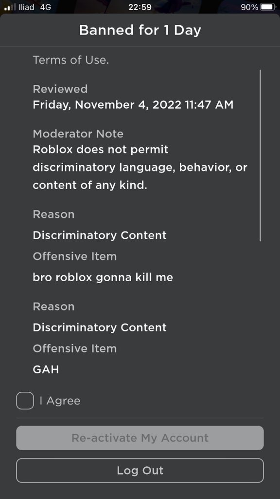 Sun_Zrblx's tweet photo. @AfraidMonsters @eeeeeeeeeeeeou @blox_status I got banned for saying "bro roblox is gonna kill me" and "gah" https://t.co/FoT3DZg1Yw