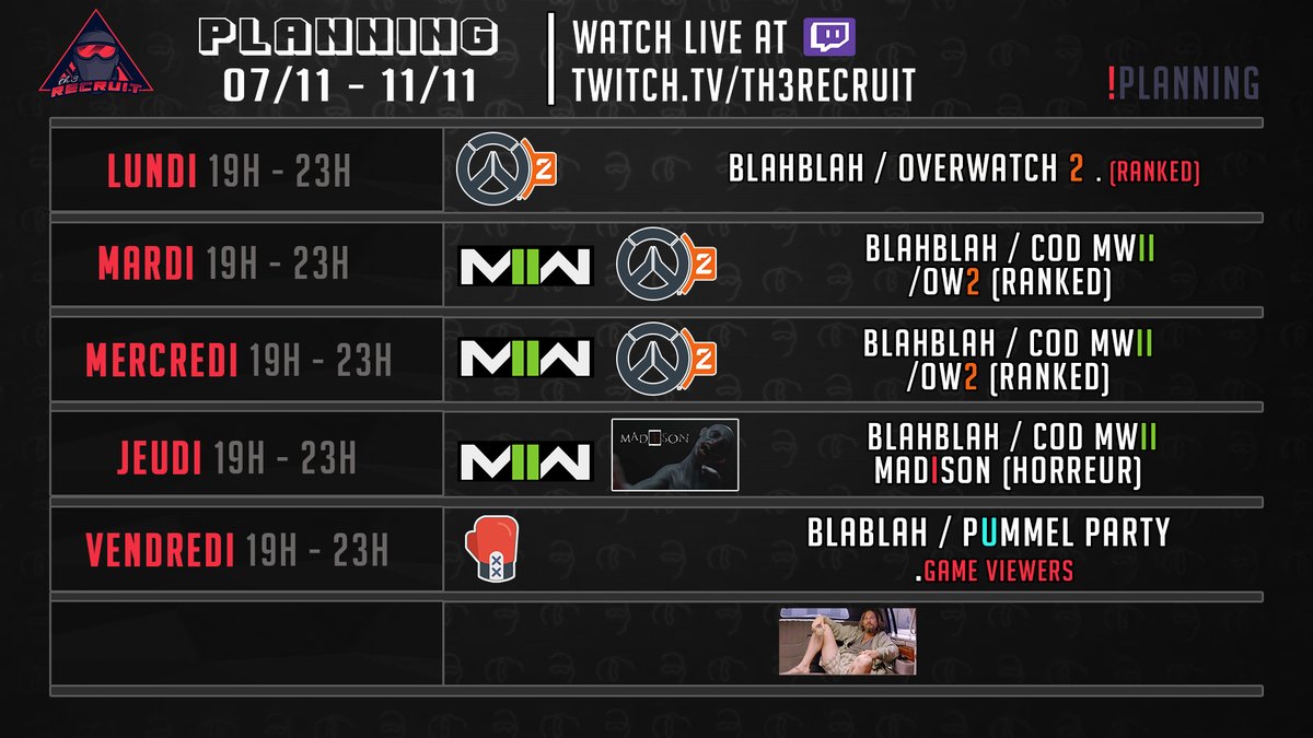 Th3_Recruit's tweet photo. BOOM !💥
Voici le planning de la semaine pro !
----------------------------
#twitchstreamer 
----------------------------
➡️ https://t.co/Lp2wctbWpB
----------------------------
xoxo https://t.co/3RYNuAkF6A