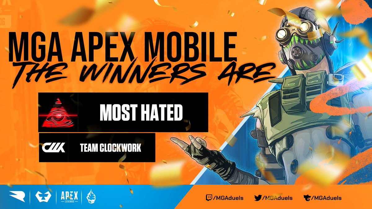 We are pleased to announce Most Hated, who dominated the competition, as well as <a href="/TeamClockWorkGG/">Team ClockWork🕰</a> as the winners of our third weekly Apex Legends Mobile tournament in collaboration with <a href="/RUSHGGMobile/">RUSH Mobile</a> ! 🏆

Special thanks to <a href="/Rozey_Posey/">Rozey</a> for hosting!