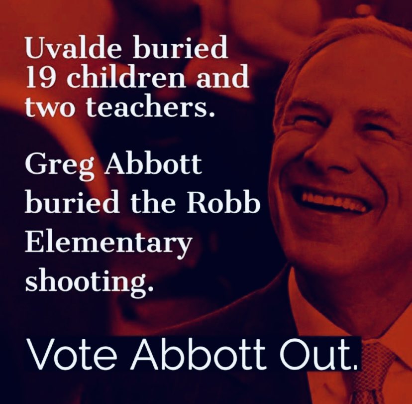 SanAntoGuera's tweet image. Abbott deserves EVERY SECOND of this. On a loop. Till 7pm Tuesday. 
21 fresh graves in UVALDE begging TEXANS for truth, justice and accountability. DO IT.✊🏽🗳🗳🗳