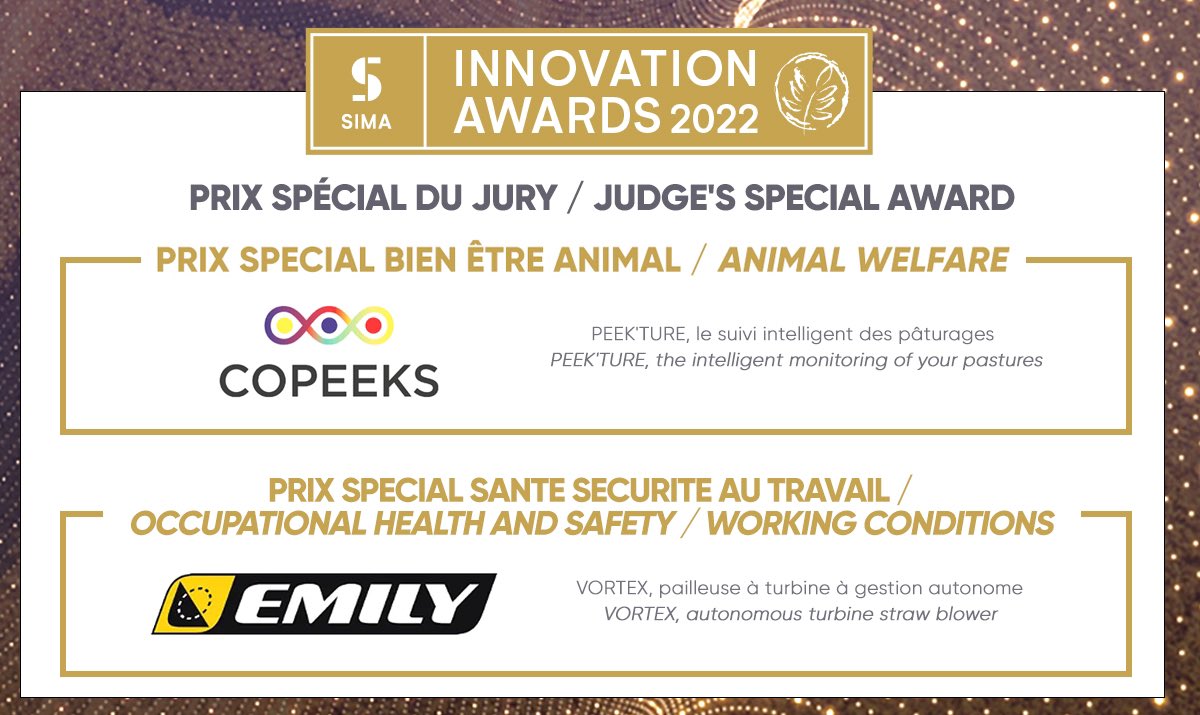 sima_paris's tweet image. #SIMA Innovation Awards - Prix Spéciaux du Jury 🏆 
👉 Bien-être animal : @CopeeksS
👉 Santé sécurité au travail : EMILY

#WEARESIMA
