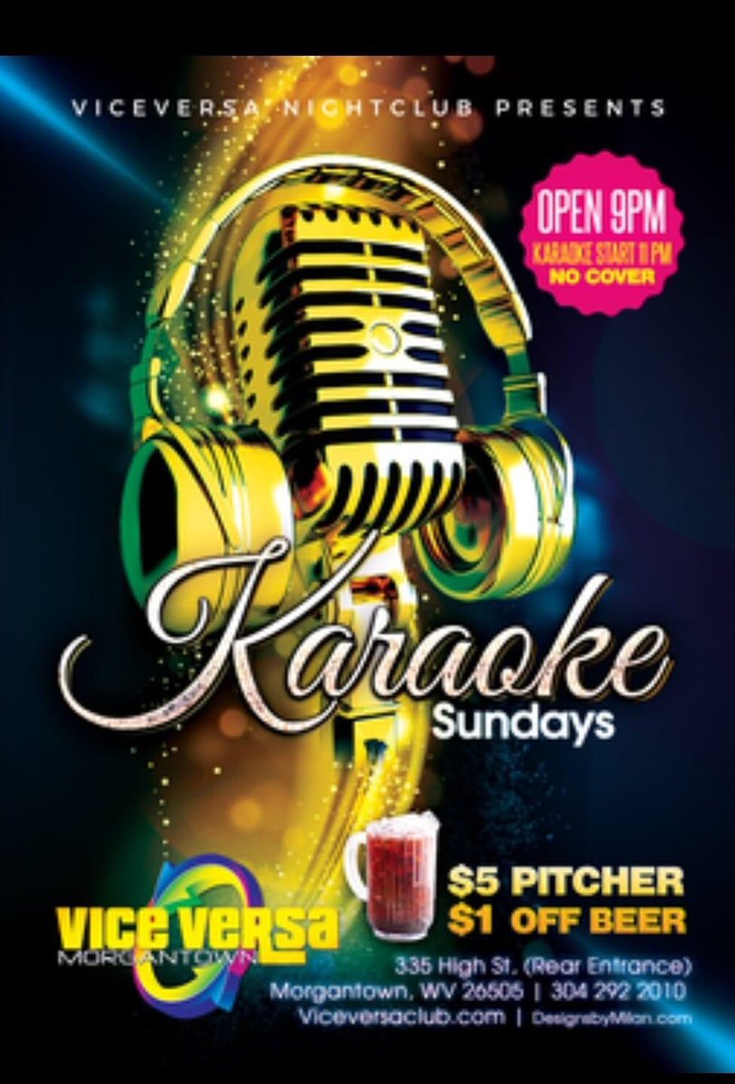 Service Industry Night SIN is tonight at Vice Versa . Karaoke 🎤 starts 11pm with Steven T. Thorn . Great drink specials all night long with Christopher George  and Montaz Morgan . No cover. <a href="/ViceVersaWV/">Vice Versa</a> <a href="/montazmorgan/">Montaz Hazelton</a>