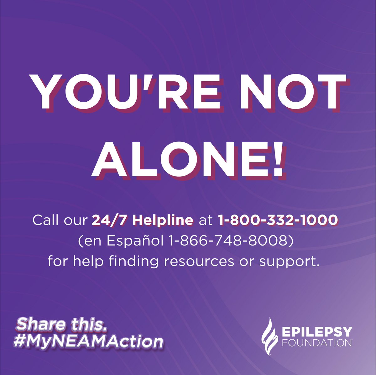 EpilepsyFdn's tweet photo. This month make #MyNEAMAction as simple as sharing epilepsy resources or contacting us on our 24/7 helpline for help finding resources or support. Call us at 1-800-332-1000 (en español) 1-866-748-8008 https://t.co/nWXYi2Xjio. https://t.co/t8Kkoxmcjn