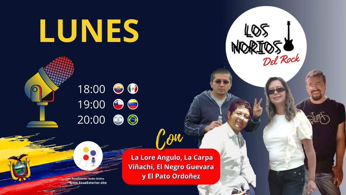 EcuaExterior's tweet photo. 🟡 Al Aire AHORA !!!
🔵 Los @NoriosDelRock
🔴 Rokeros VETERANOS (Por viejos)
Expertos en NADA y opinólogos de TODO
En directo por https://t.co/iIRh4kGft8
📆 Hoy y todos los lunes
🇪🇨 18:00
Conducen
@LNita2018
@Ricardovipec
@XMOrdonez
#RockEcuador #Rockeros #Ecuador #Rock593 https://t.co/kVagACLme6