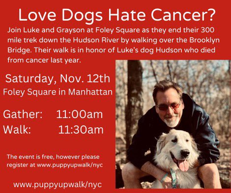 Join Grayson &amp; YBD for the final mile! Whew it’s been a journey and come walk with us over the Brooklyn Bridge to the end of Hudson’s river and the start of a new hope! #Walk3 #HudsonsHope #caninecancer