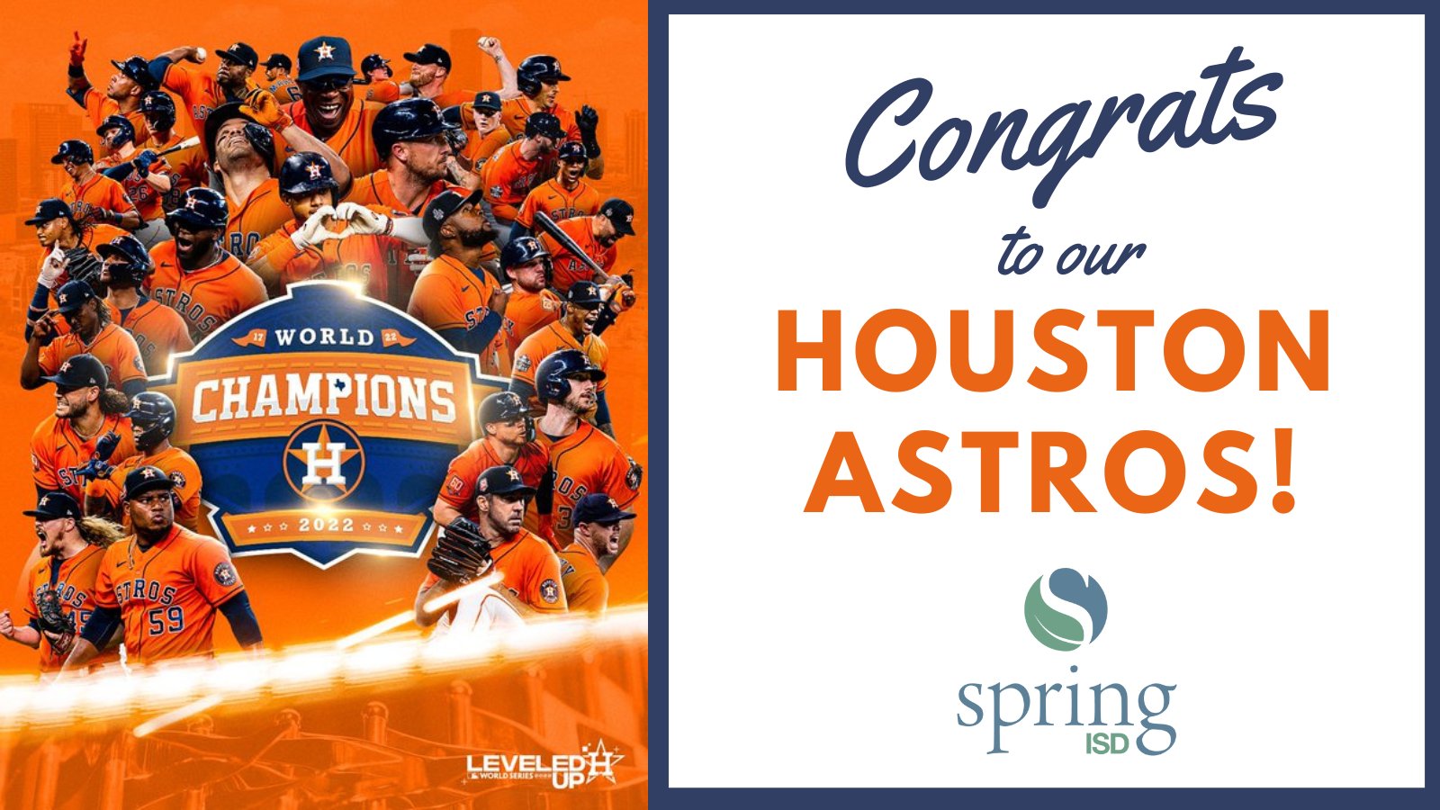 Spring ISD on X: Our Houston @Astros are #WorldSeries champs, again! To  celebrate, all staff are encouraged to wear jeans and Astros gear tomorrow  (Mon, 11/7)! ⚾️🏆 As a reminder, tomorrow remains
