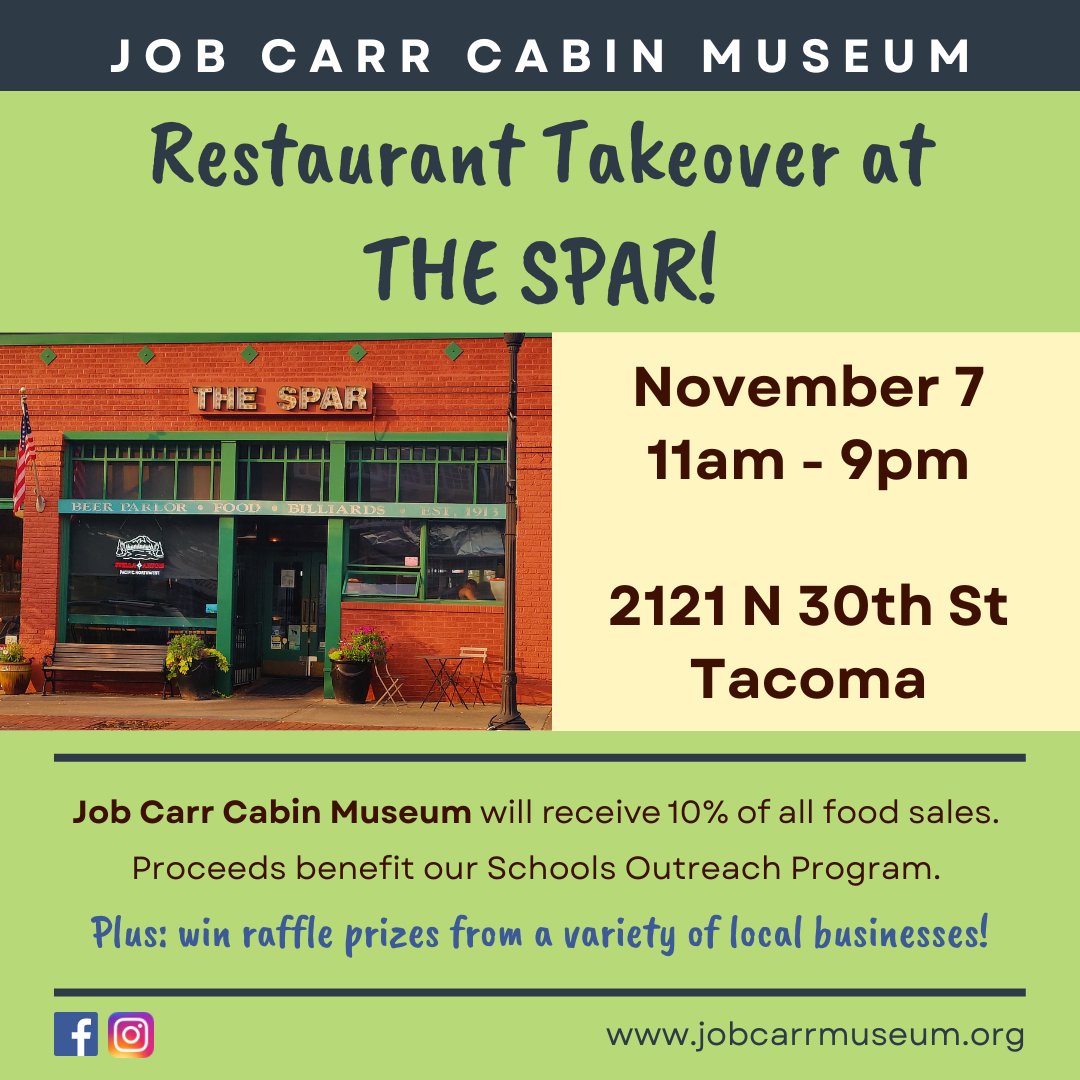 What are you doing for #lunch and #dinner tomorrow? 

Enjoy a meal from The Spar, plus enter to win fun #raffle prizes from local businesses -- All while supporting Job Carr Cabin Museum! 
#TacomaEats #TacomaWA