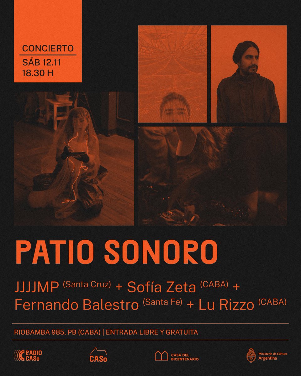 Vuelve #PatioSonoro! El 2do sábado de cada mes les traemos un nuevo concierto. Este 12/11 lxs esperamos para el #Festivalinterprovincial  junto a 4 grandes artistas sonoros. 
+Fernando Balestro (Santa Fe)
+Lu Rizzo (CABA)
+Juan Manuel Patricio (Santa Cruz)
+Sofía Zeta (CABA)