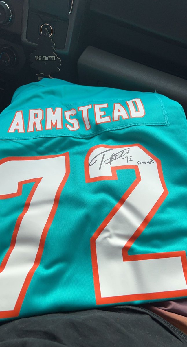 Fireman_59's tweet photo. A Dolphins win today and I received a Jersey from @T_Armstead72! He even signed it. Hands down the best tackle in the league on and off the field. #FinsUp https://t.co/Q3FCUDej6T