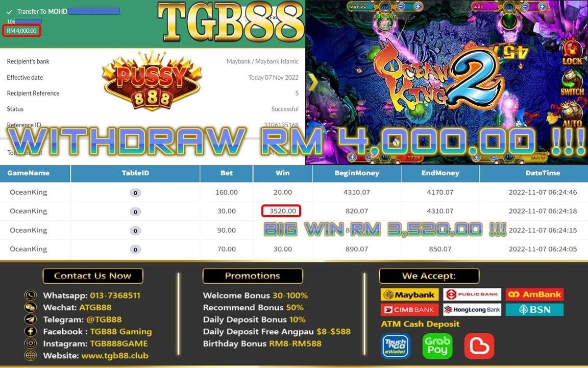 Selamat Datang Ke Syarikat TGB88 🇲🇾🇸🇬 🇧🇳

 Tahniah Member TGB88 Cuci Sebanyak RM 4000
🗓Tarikh: 7/11/2022
🕹Game : OCEAN KING
🕹Apps : PUSSY888
🕹Top Up: RM 1000
🕹Withdraw: RM 4000

📑Register📑
✉️Whatsapp: 016-3812685
hi.jomwasap.my/TGB88Candy6
✉️Telegram:
t.me/TGBCandy