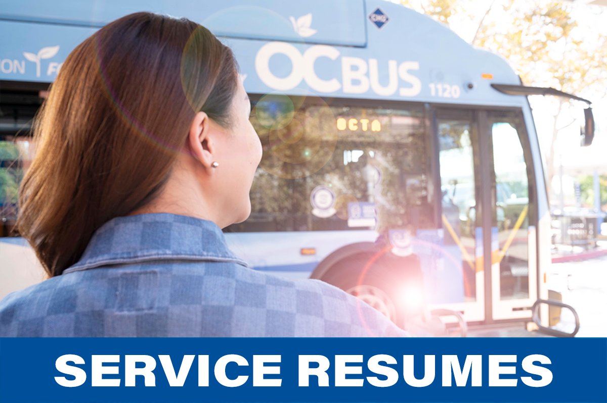 OC Bus service is anticipated to resume beginning Monday morning and passengers are advised they can expect some delays following a four-day strike of maintenance employees. Please continue checking octa.net for updates or by calling OCTA at (714) 636-7433. 1/3