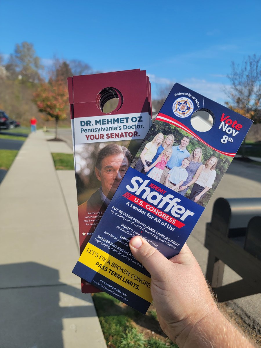Thankful for the gorgeous weather as we hit more doors in Allegheny County for <a href="/DrOz/">Dr. Mehmet Oz</a> and <a href="/JeremyShafferPA/">Jeremy Shaffer for State Rep.</a> today!

Making sure voters are ready to get on Tuesday!

#LeadRight #KeystoneToVictory #TeamShaffer