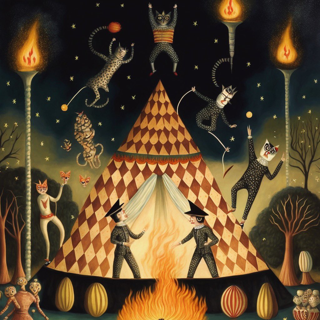 #Gn Sweet dreams friends🌙✨🖤☁️🔮May miracles come to you for your kindness. #V4 #midjourney #AIArtwork #circus