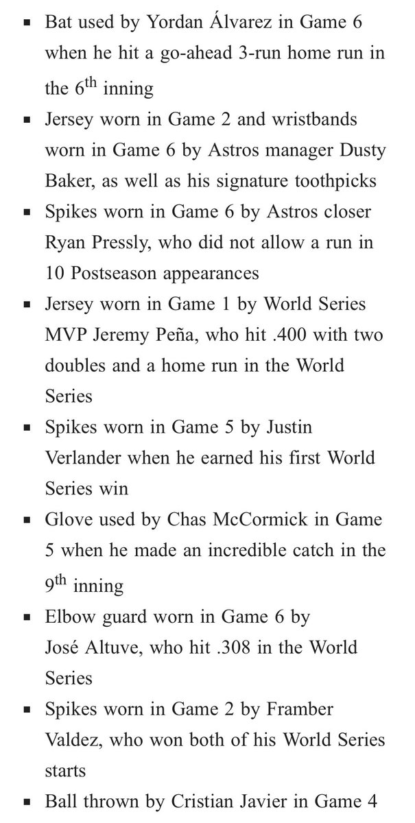 MarkBerman_'s tweet photo. The Baseball Hall of Fame announced the Astros donated a number of items to be placed on exhibit in Cooperstown. https://t.co/TUX2rqBwJ8