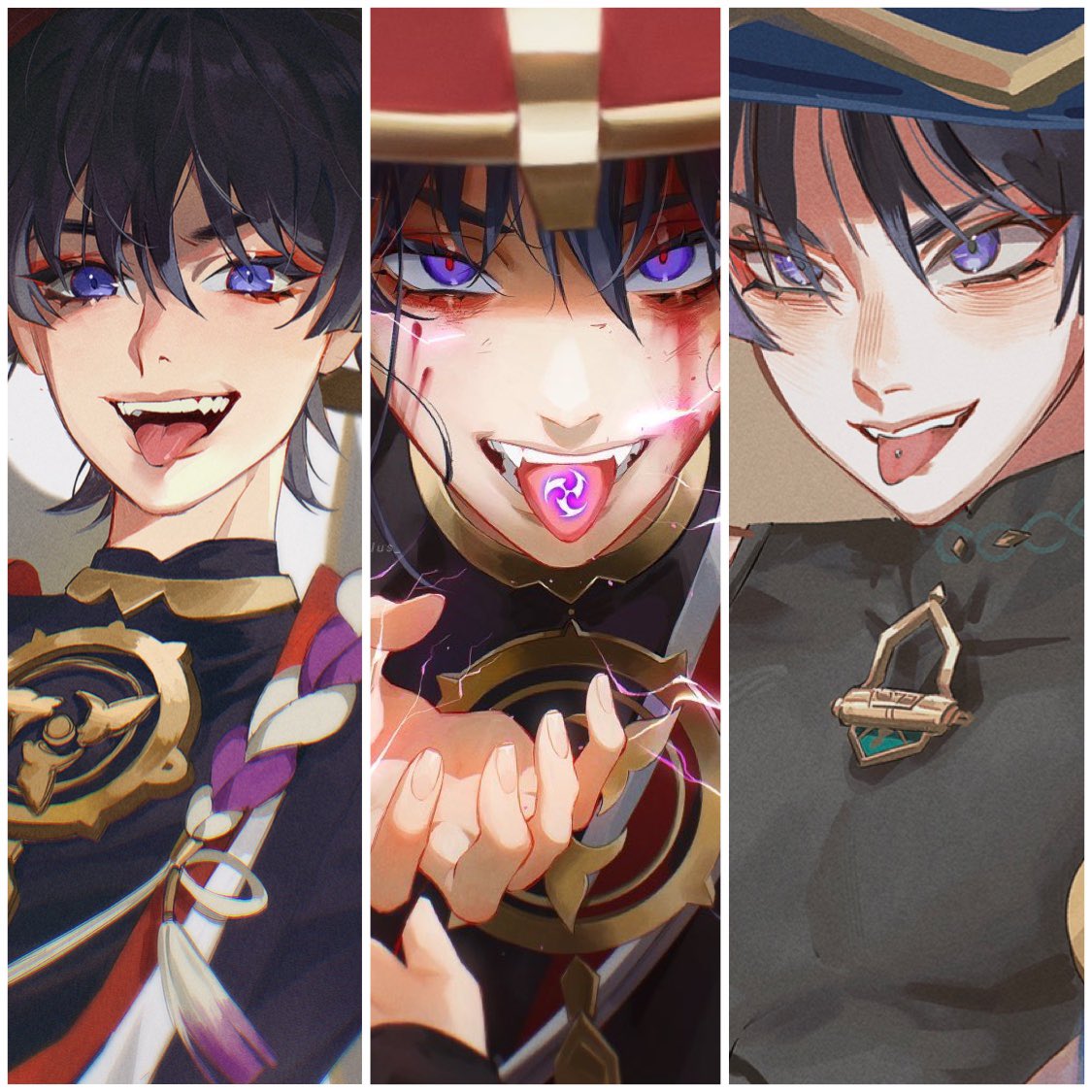 scaramouche (genshin impact) tongue male focus 1boy jingasa blood on face tongue out hat  illustration images