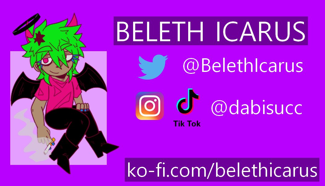 BelethIcarus's tweet photo. My socials again. 
I'm "dabisucc" on Instagram, TikTok, and Tumblr. "BelethIcarus" on DA and "DabiSucc" on Discord. https://t.co/I77ra3F047