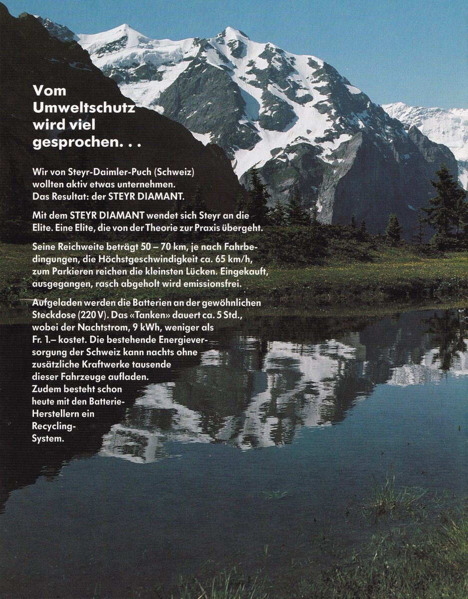 addict_car's tweet photo. #MicrocarMonday The Steyr Diamant was an electric car dating from around 1989, offered by the Swiss branch of Austrian vehicle specialist Steyr-Daimler-Puch. The brochure noted the company wanted to do something to help protect the natural environment. #carbrochure #Steyr https://t.co/AxOCkXBnpZ