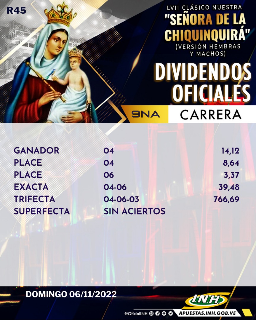 #Hipismo 🏇 | 9na. CARRERA | 5ta. VÁLIDA | Presentamos los dividendos oficiales de la 9na. carrera de la R45 en el Hipódromo #LaRinconada.