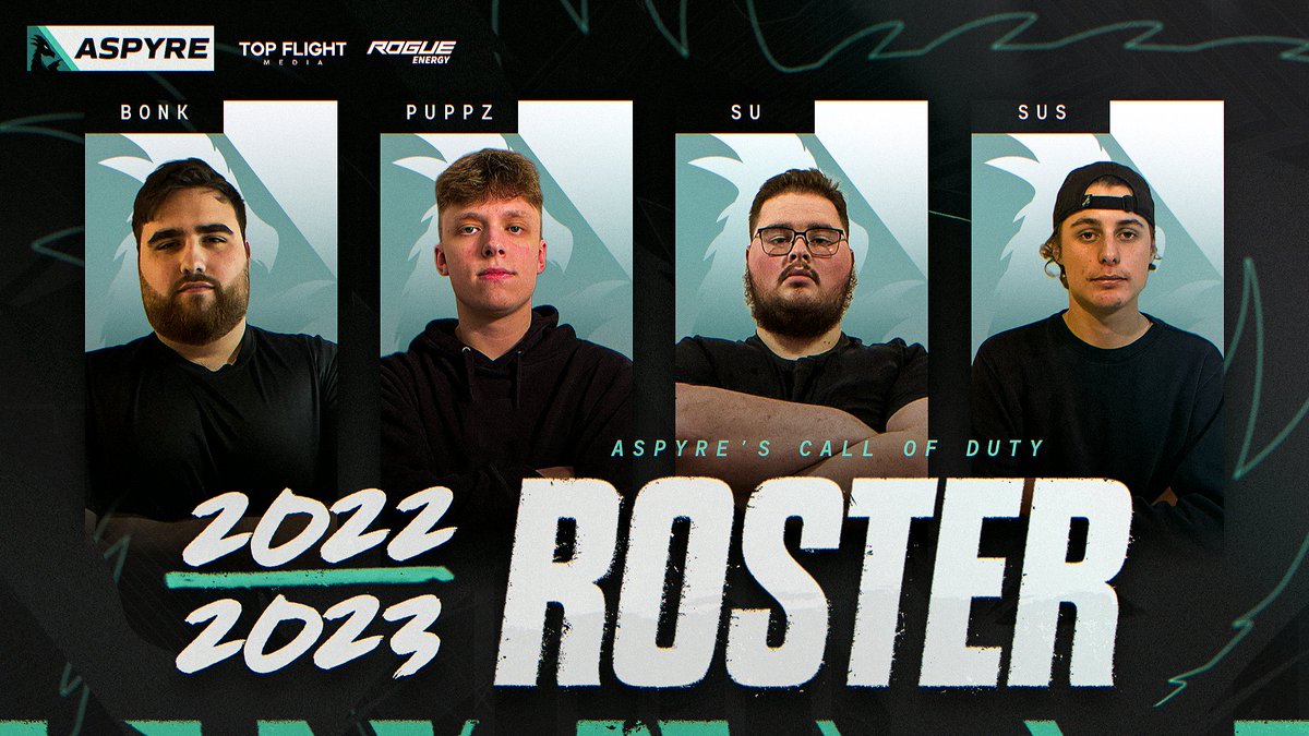 🟢𝗥𝗘𝗔𝗗𝗬 𝗧𝗢 𝗕𝗢𝗨𝗡𝗖𝗘 𝗕𝗔𝗖𝗞🟢

Please welcome Aspyre Entertainment’s 2022-2023 competitive Call of Duty roster‼️

Starting Roster (Left to Right):
🐉@Bonk_AE
🐉<a href="/Puppz_AE/">Puppz</a>
🐉@Sullo_AE
🐉@Sus__AE

#A4G🐉 #CallofDuty #Esports🎮